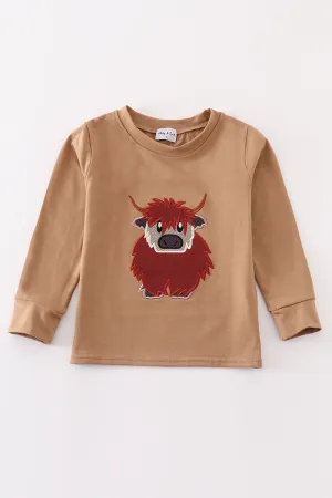 Brown cow applique boy top