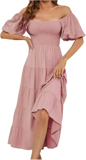 Casual Dresses for Women Maxi Dresses for Women 2024 Summer Boho Dress Sexy Off The Shoulder Dresses Flowy Long Sundresses Vacation Beach Party Dress B-Pink, X-Large