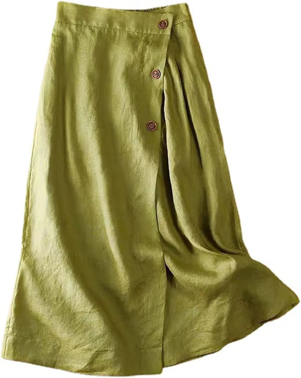 CHARTOU Women's Summer Linen Elastic Back Buttoned Swing Midi A Line Skirt