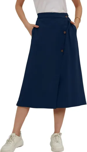 CHARTOU Women's Summer Linen Elastic Back Buttoned Swing Midi A Line Skirt