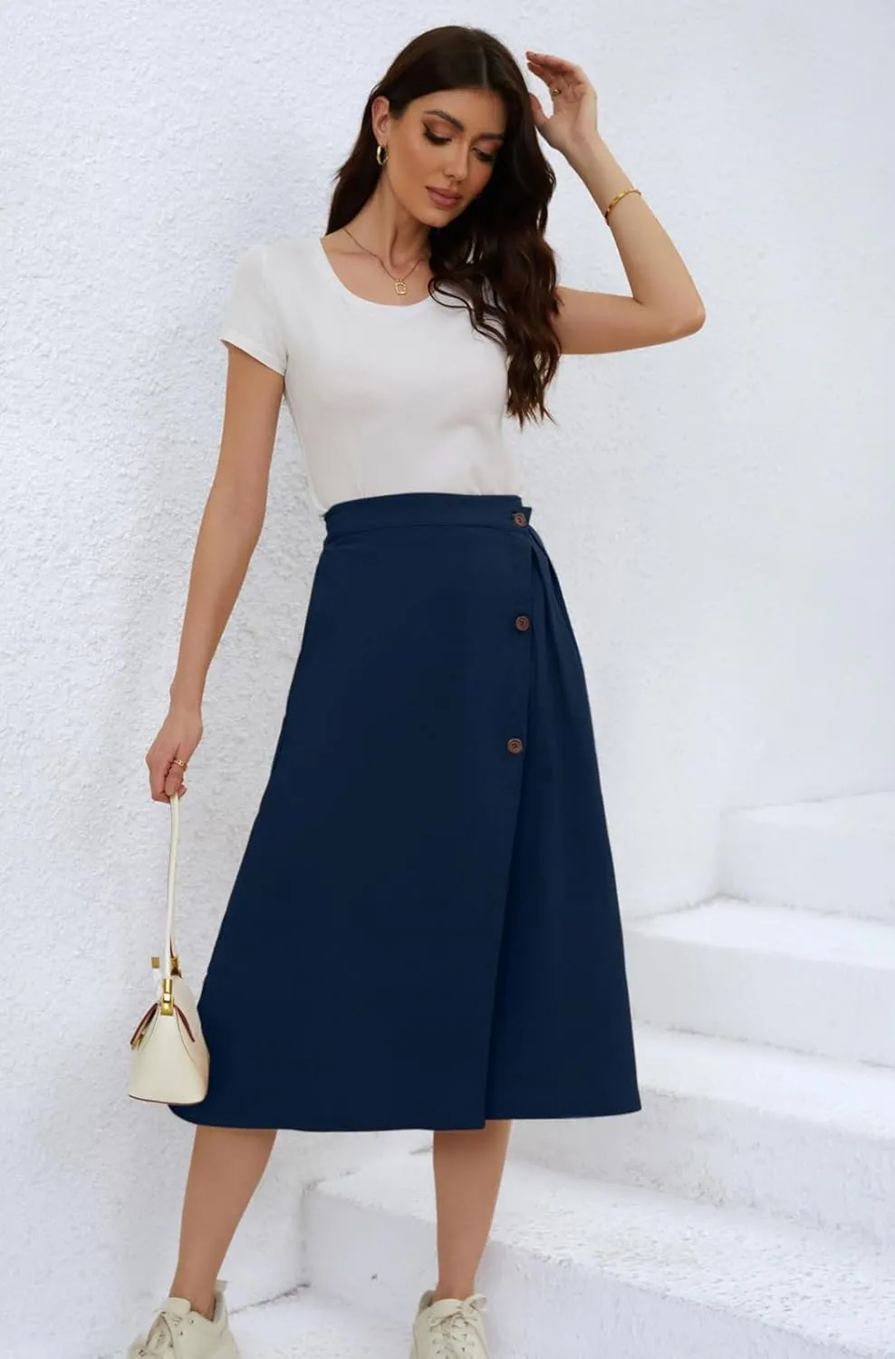 CHARTOU Women's Summer Linen Elastic Back Buttoned Swing Midi A Line Skirt