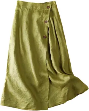 CHARTOU Women's Summer Linen Elastic Back Buttoned Swing Midi A Line Skirt
