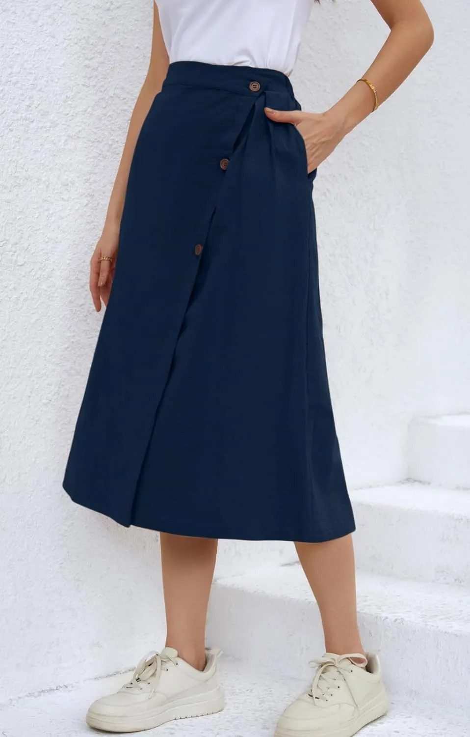 CHARTOU Women's Summer Linen Elastic Back Buttoned Swing Midi A Line Skirt