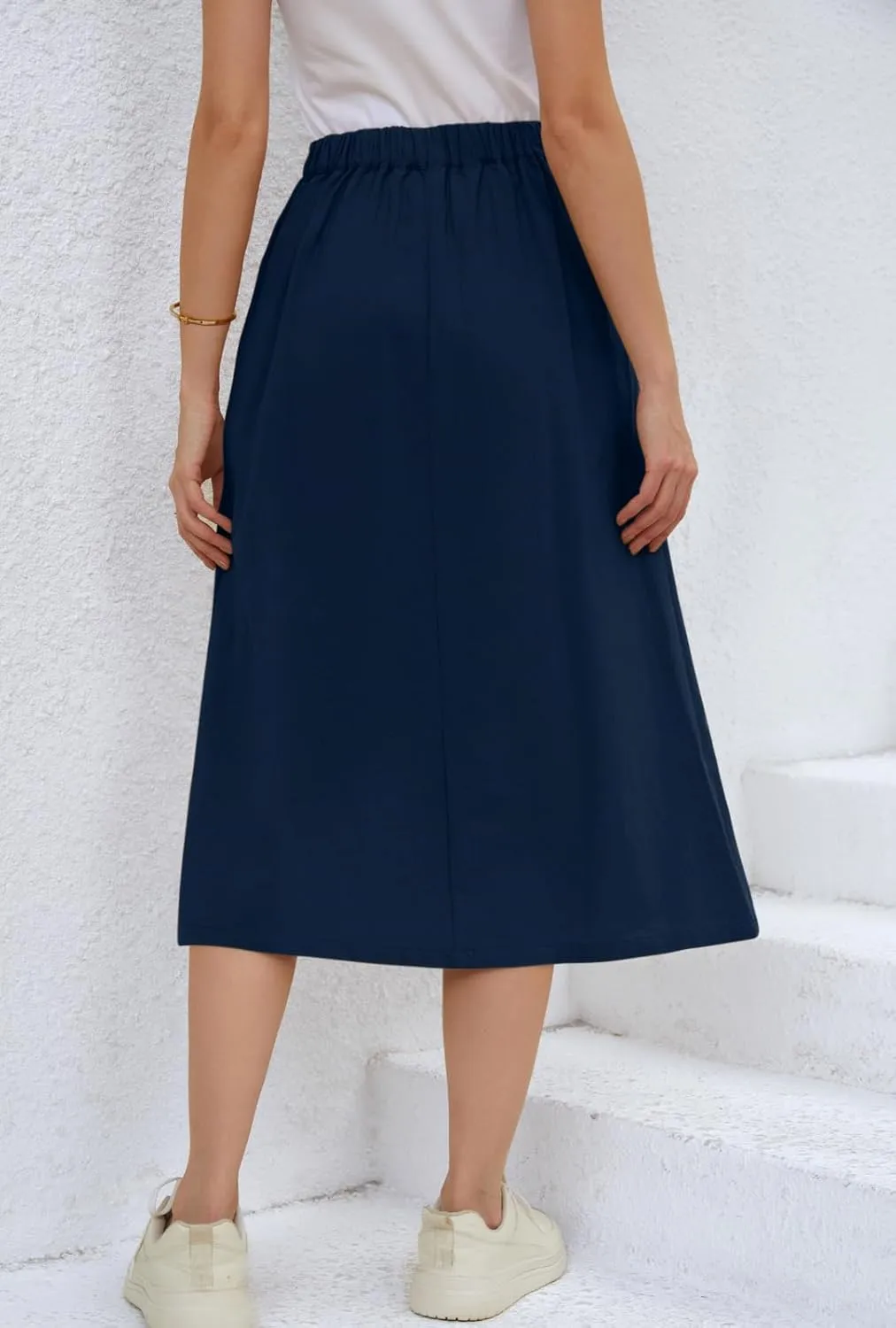 CHARTOU Women's Summer Linen Elastic Back Buttoned Swing Midi A Line Skirt