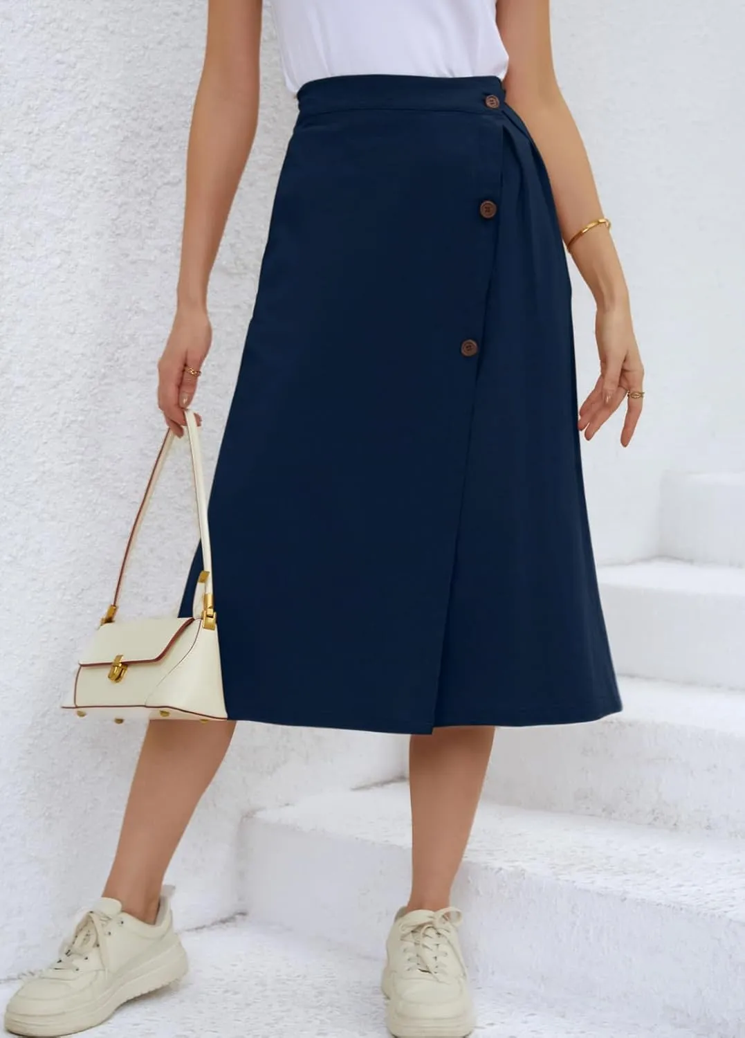 CHARTOU Women's Summer Linen Elastic Back Buttoned Swing Midi A Line Skirt