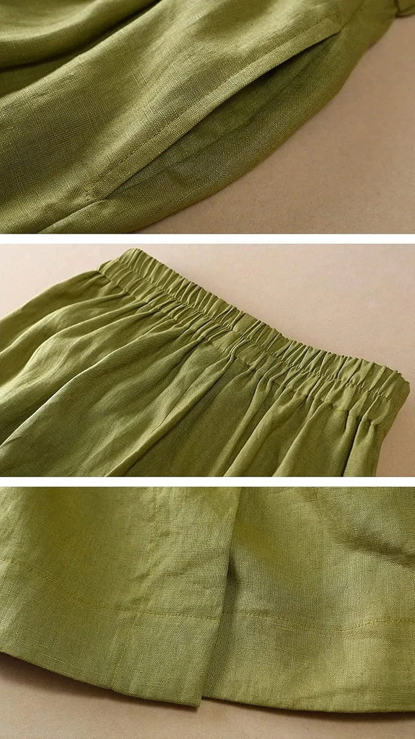 CHARTOU Women's Summer Linen Elastic Back Buttoned Swing Midi A Line Skirt