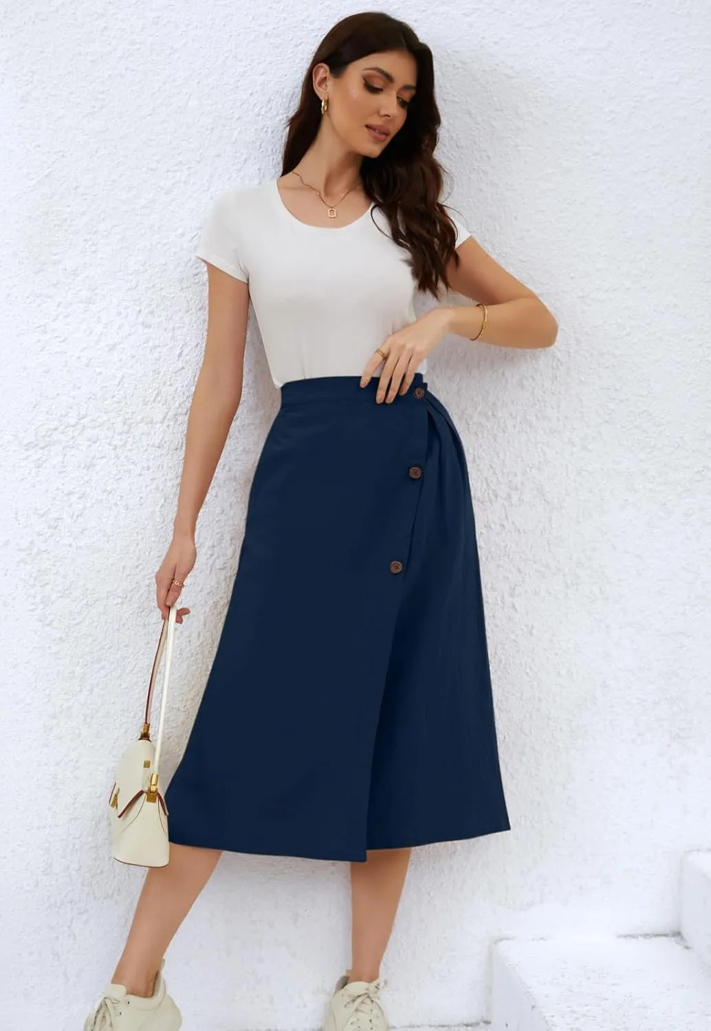 CHARTOU Women's Summer Linen Elastic Back Buttoned Swing Midi A Line Skirt