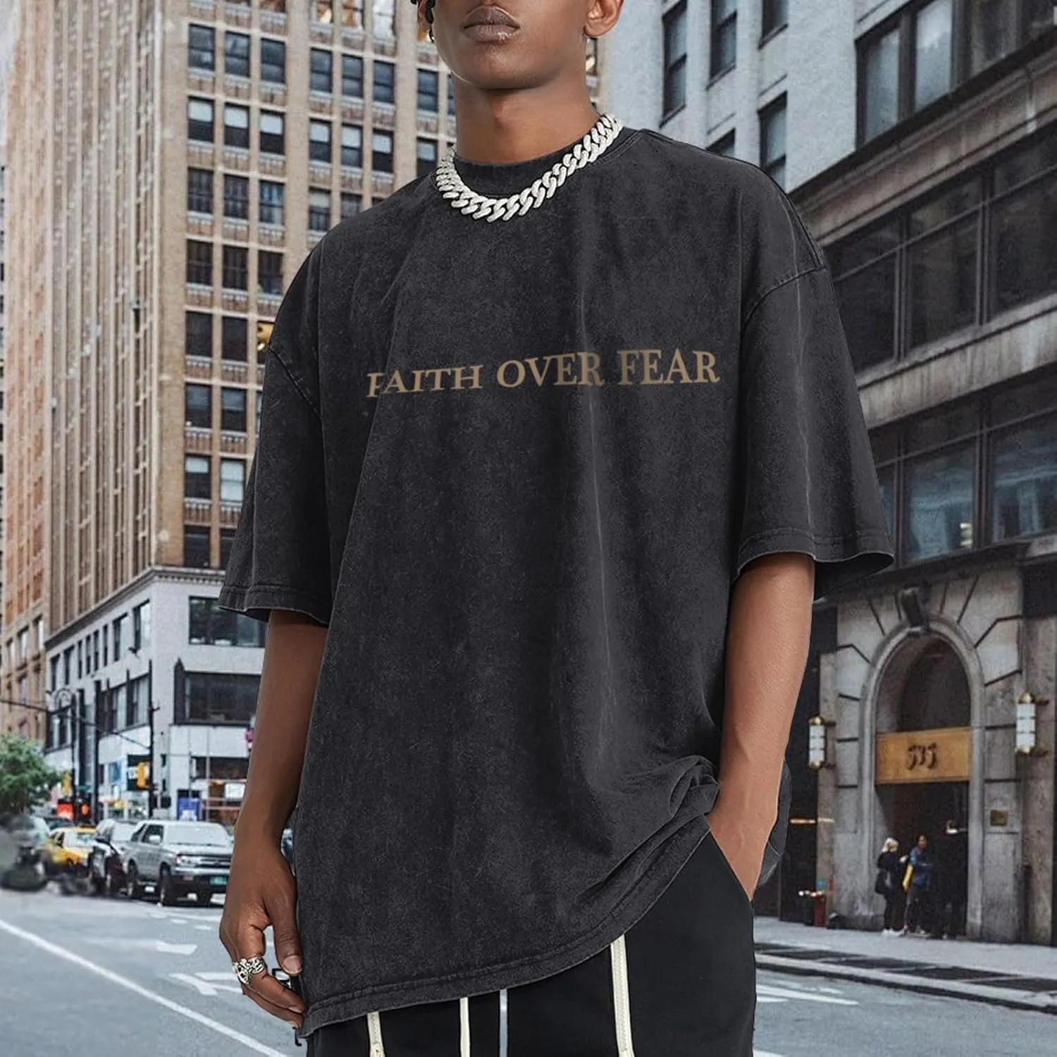 Christian Faith Over Fear Shirt for Men Jesus Religious Shirts Oversized Graphic Tees Acid Wash God T-Shirt