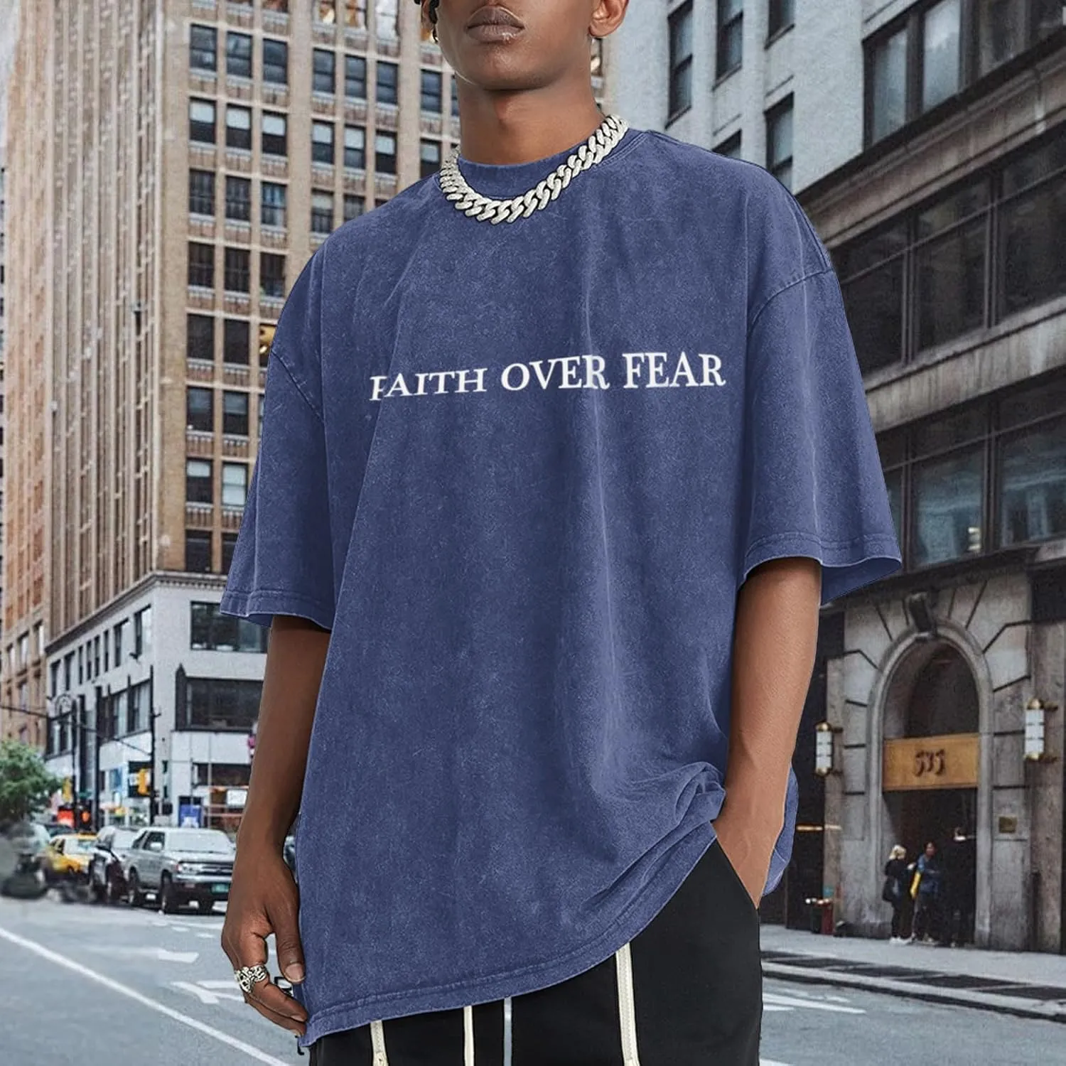 Christian Faith Over Fear Shirt for Men Jesus Religious Shirts Oversized Graphic Tees Acid Wash God T-Shirt