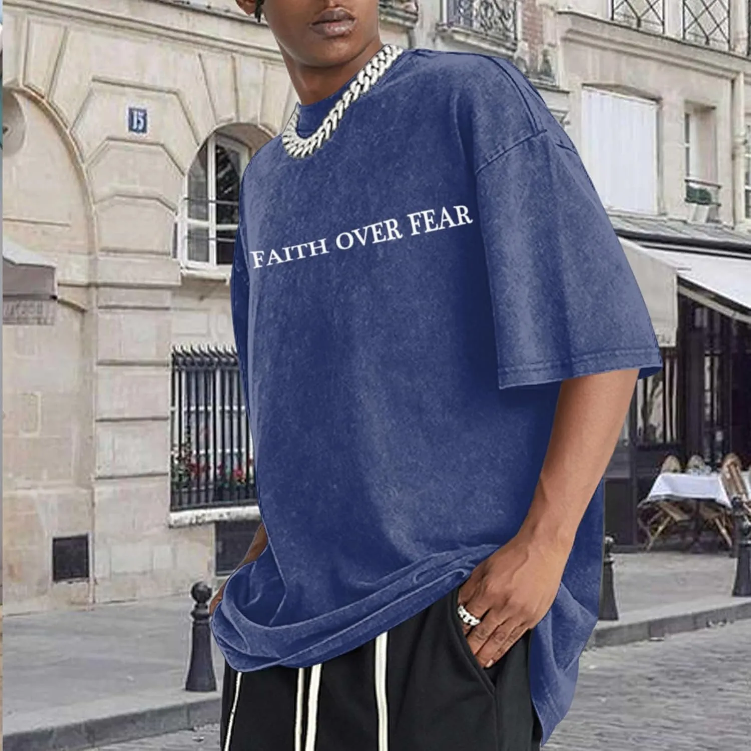 Christian Faith Over Fear Shirt for Men Jesus Religious Shirts Oversized Graphic Tees Acid Wash God T-Shirt