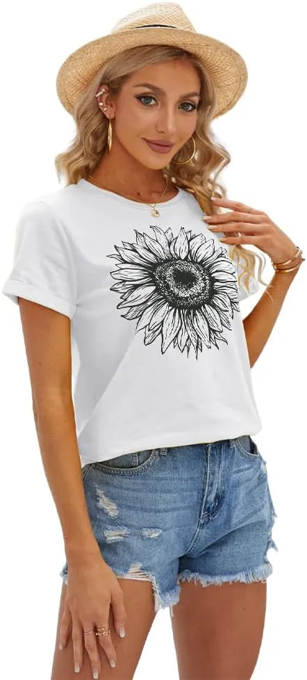 Cicy Bell Women's T Shirts Short Sleeve Tees Sunflower Graphic Loose Summer Tops