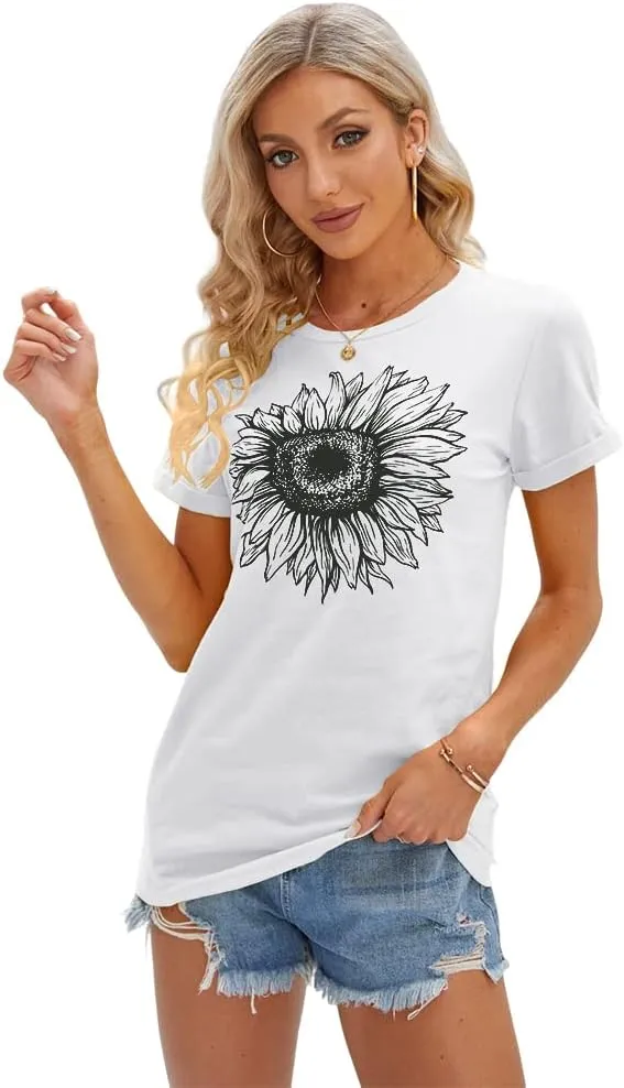 Cicy Bell Women's T Shirts Short Sleeve Tees Sunflower Graphic Loose Summer Tops