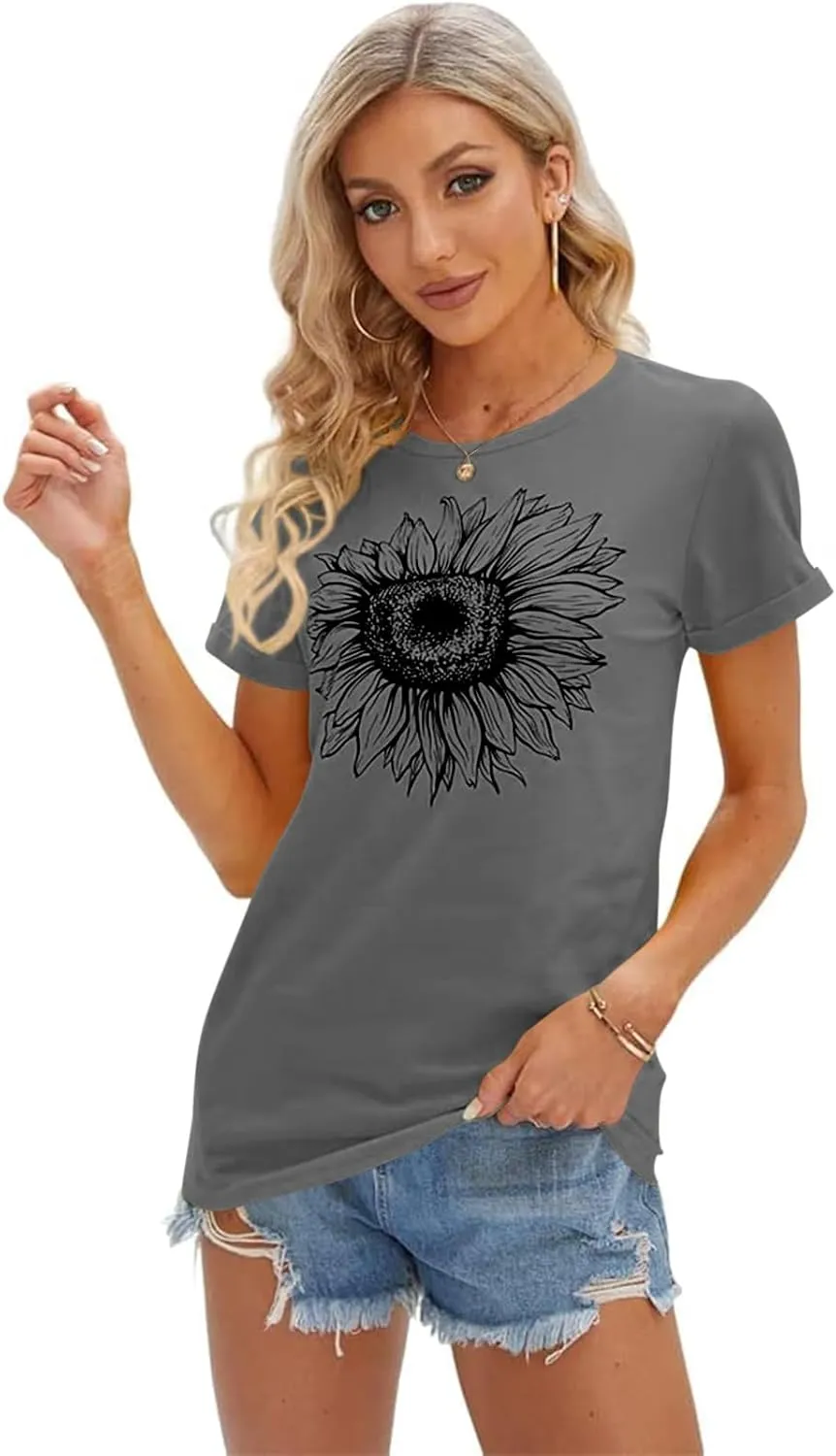 Cicy Bell Women's T Shirts Short Sleeve Tees Sunflower Graphic Loose Summer Tops