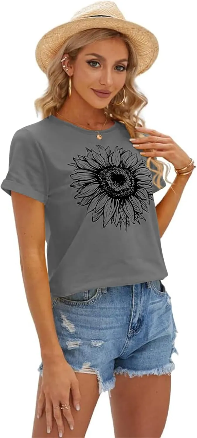 Cicy Bell Women's T Shirts Short Sleeve Tees Sunflower Graphic Loose Summer Tops