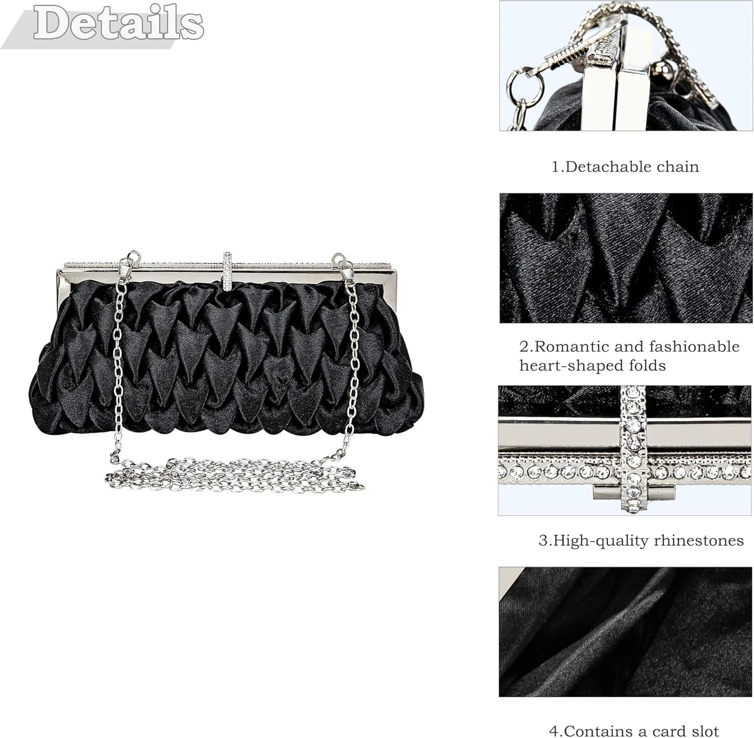 Classic Satin Clutch Bag Diamante Embellished Formal Evening Handbag for Wedding Prom Party Purses