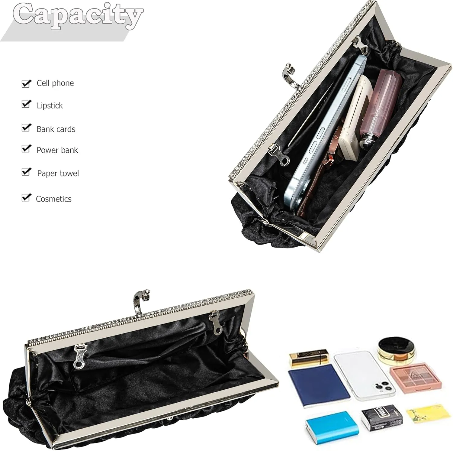 Classic Satin Clutch Bag Diamante Embellished Formal Evening Handbag for Wedding Prom Party Purses