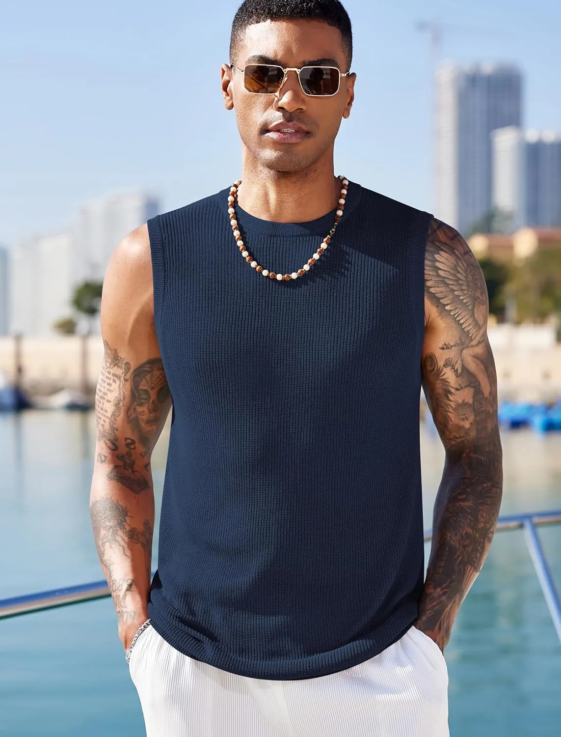 COOFANDY Mens Casual Knitted Tank Tops Crew Neck Sleeveless Muscle T Shirts Summer Beach Tops