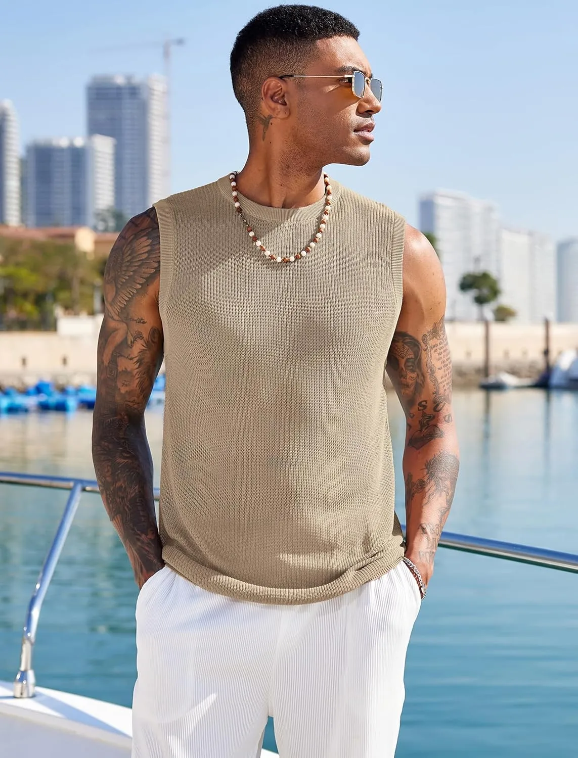 COOFANDY Mens Casual Knitted Tank Tops Crew Neck Sleeveless Muscle T Shirts Summer Beach Tops