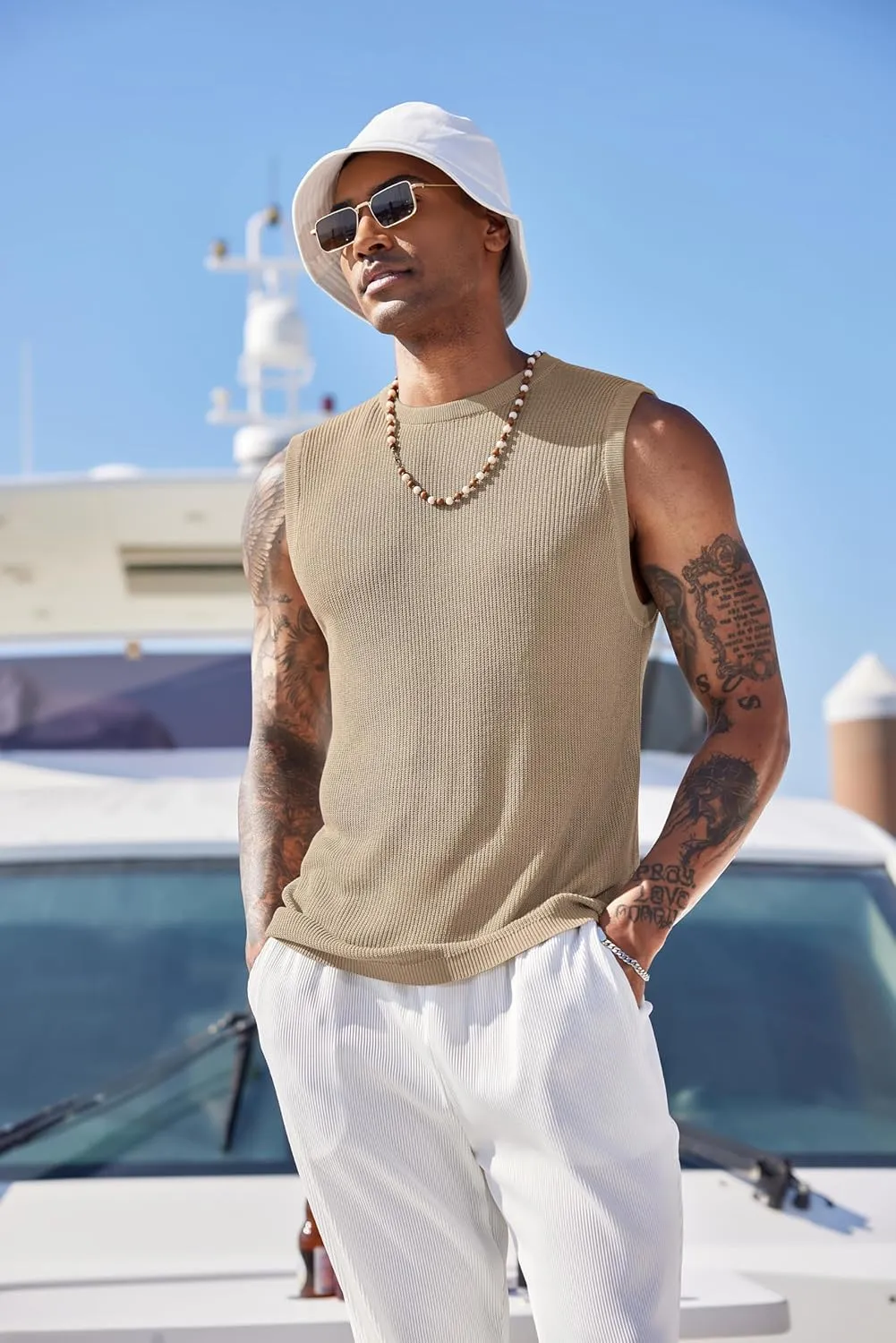 COOFANDY Mens Casual Knitted Tank Tops Crew Neck Sleeveless Muscle T Shirts Summer Beach Tops