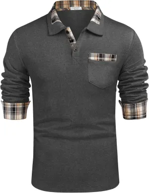 COOFANDY Men's Casual Polo Shirt Long Sleeve Classic Plaid Button Tees with Pockets