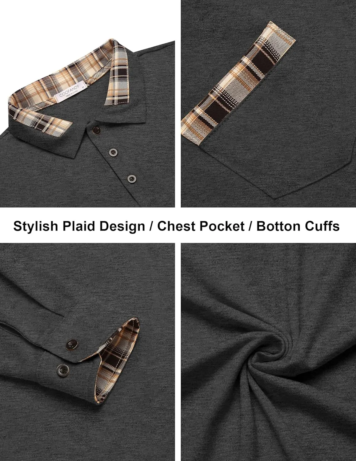 COOFANDY Men's Casual Polo Shirt Long Sleeve Classic Plaid Button Tees with Pockets