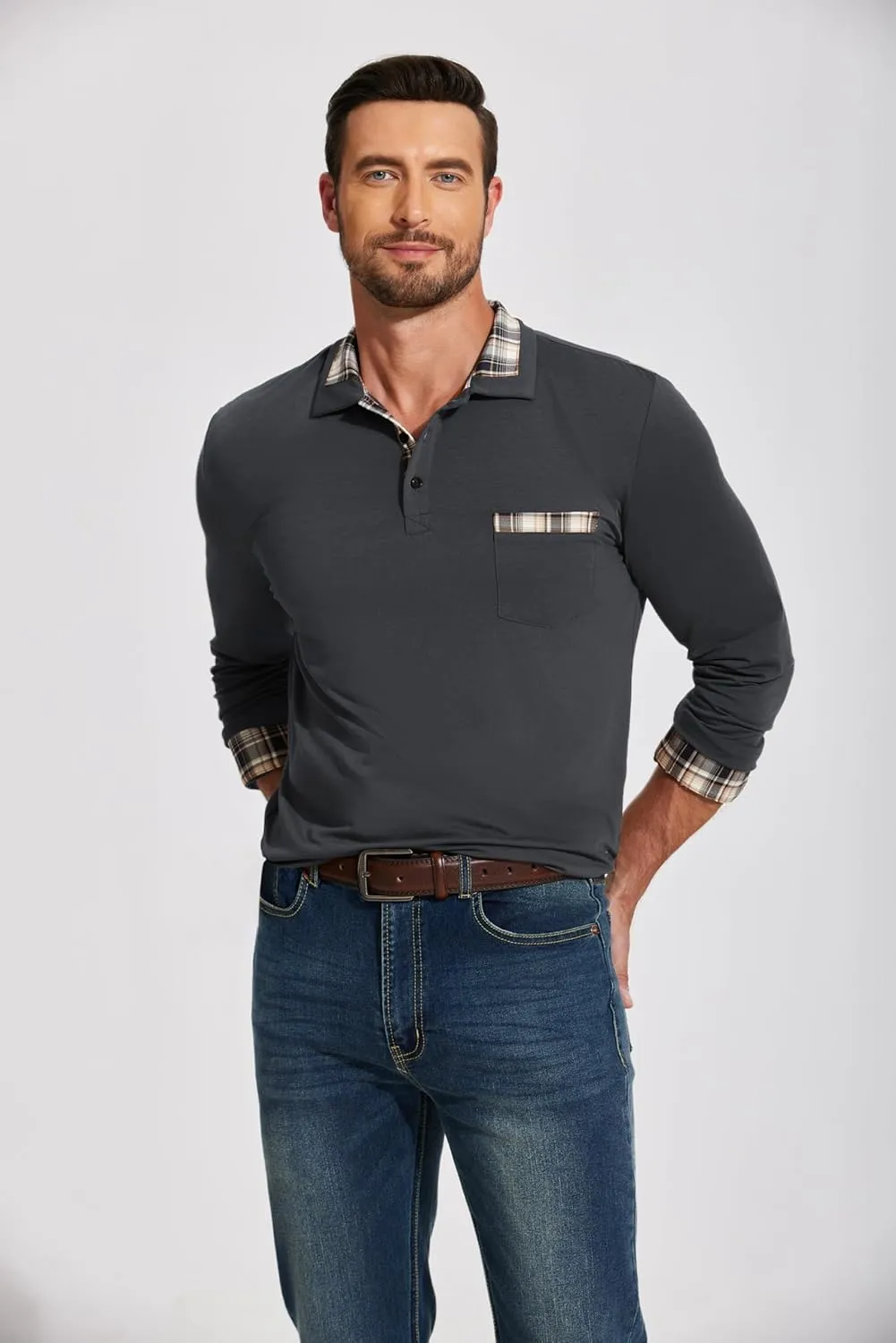 COOFANDY Men's Casual Polo Shirt Long Sleeve Classic Plaid Button Tees with Pockets