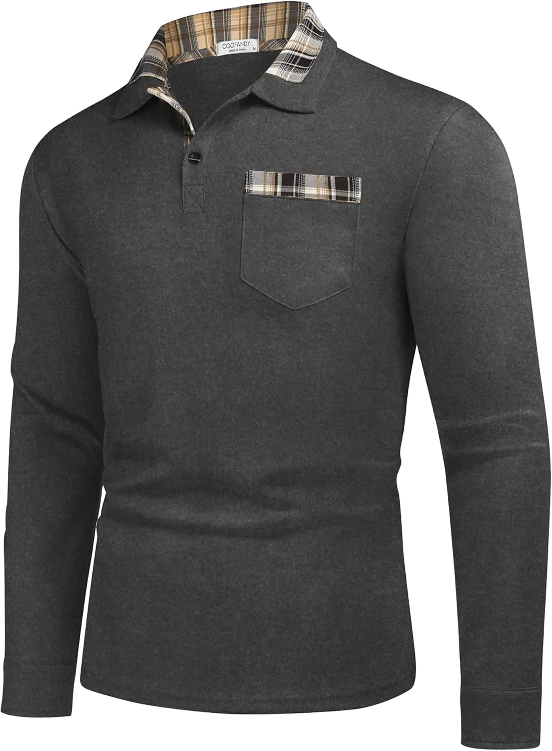 COOFANDY Men's Casual Polo Shirt Long Sleeve Classic Plaid Button Tees with Pockets