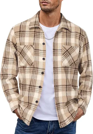 COOFANDY Men's Flannel Shirts Casual Button Down Plaid Shirt Jacket Long Sleeve Fleece Shacket with Pockets