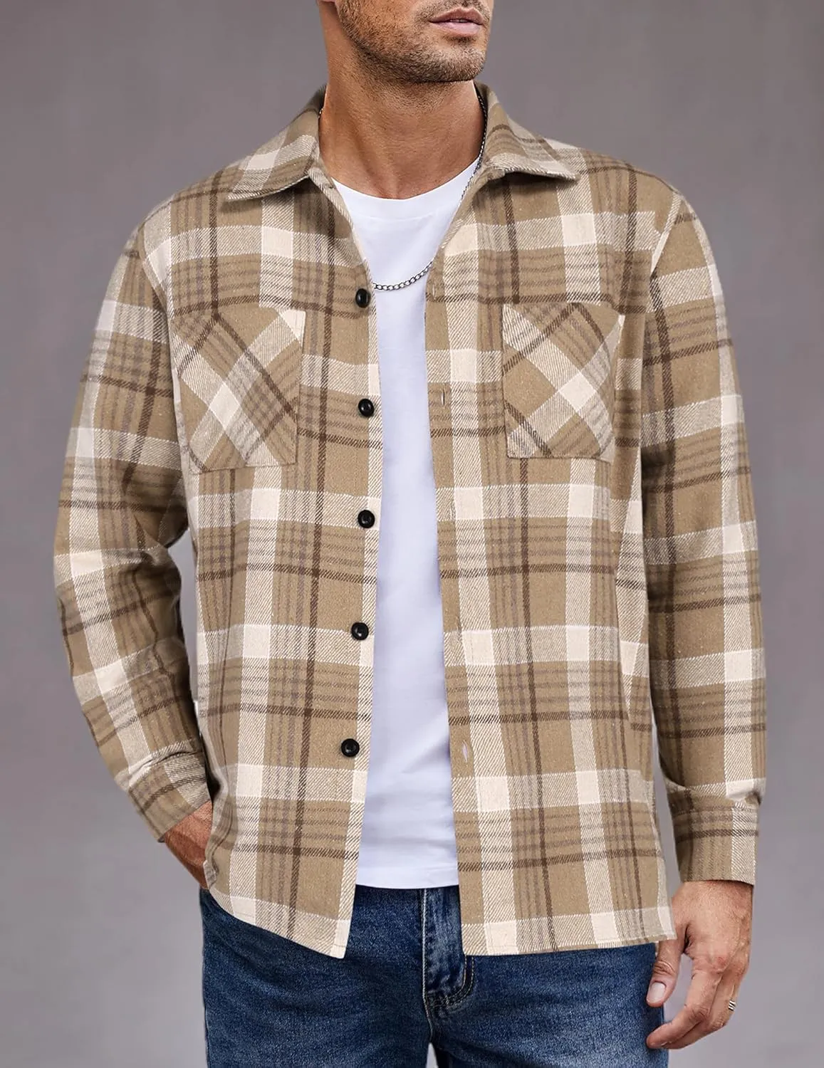COOFANDY Men's Flannel Shirts Casual Button Down Plaid Shirt Jacket Long Sleeve Fleece Shacket with Pockets