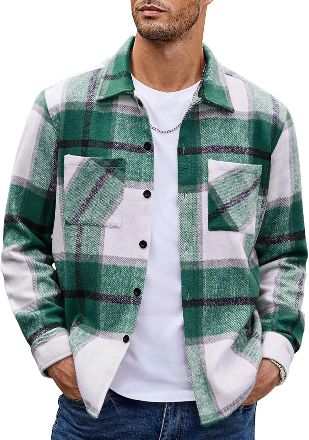 COOFANDY Men's Flannel Shirts Casual Button Down Plaid Shirt Jacket Long Sleeve Fleece Shacket with Pockets