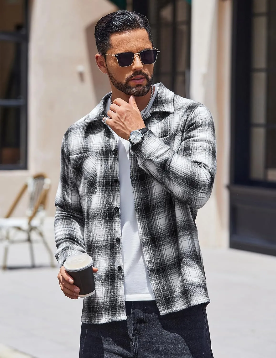 COOFANDY Men's Flannel Shirts Casual Button Down Plaid Shirt Jacket Long Sleeve Fleece Shacket with Pockets
