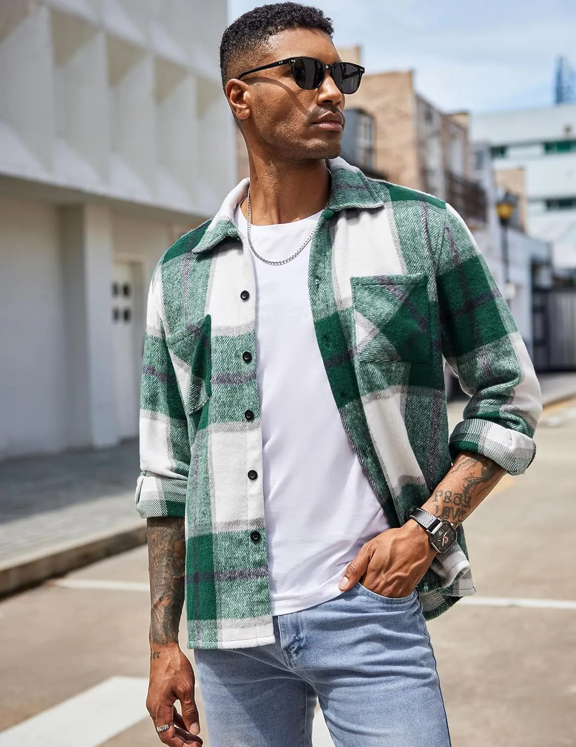 COOFANDY Men's Flannel Shirts Casual Button Down Plaid Shirt Jacket Long Sleeve Fleece Shacket with Pockets