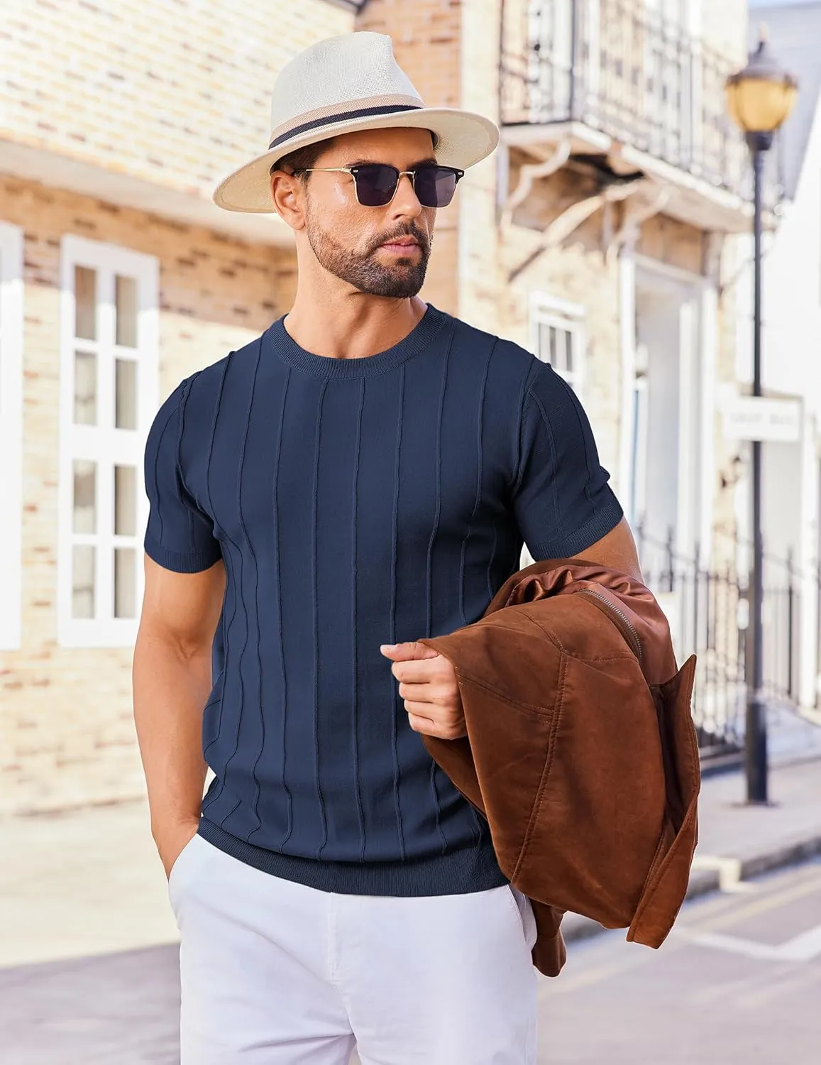 COOFANDY Men's T- Shirts Short Sleeve Knit Sweater Shirt Casual Crewneck Ribbed Pullover Tees