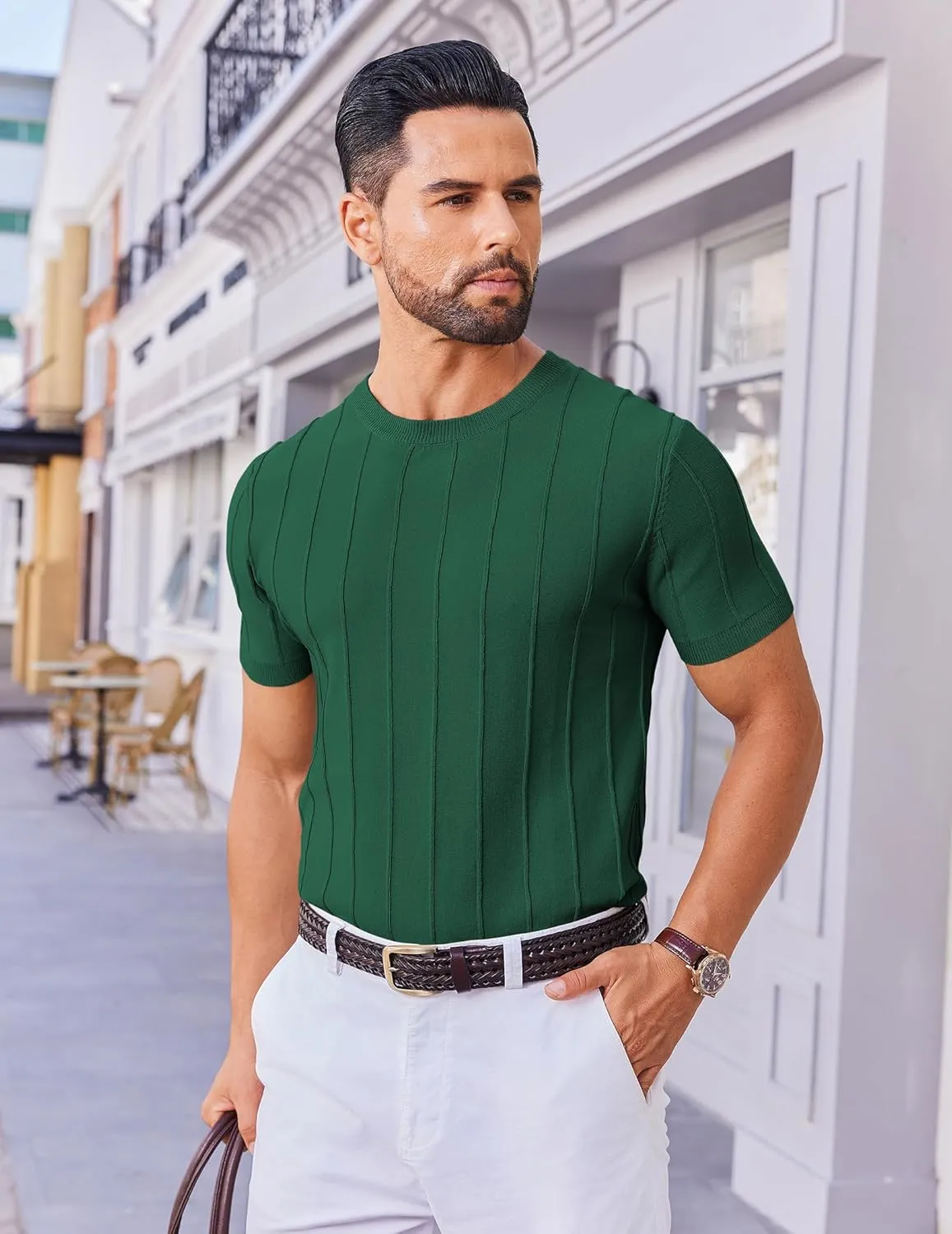COOFANDY Men's T- Shirts Short Sleeve Knit Sweater Shirt Casual Crewneck Ribbed Pullover Tees