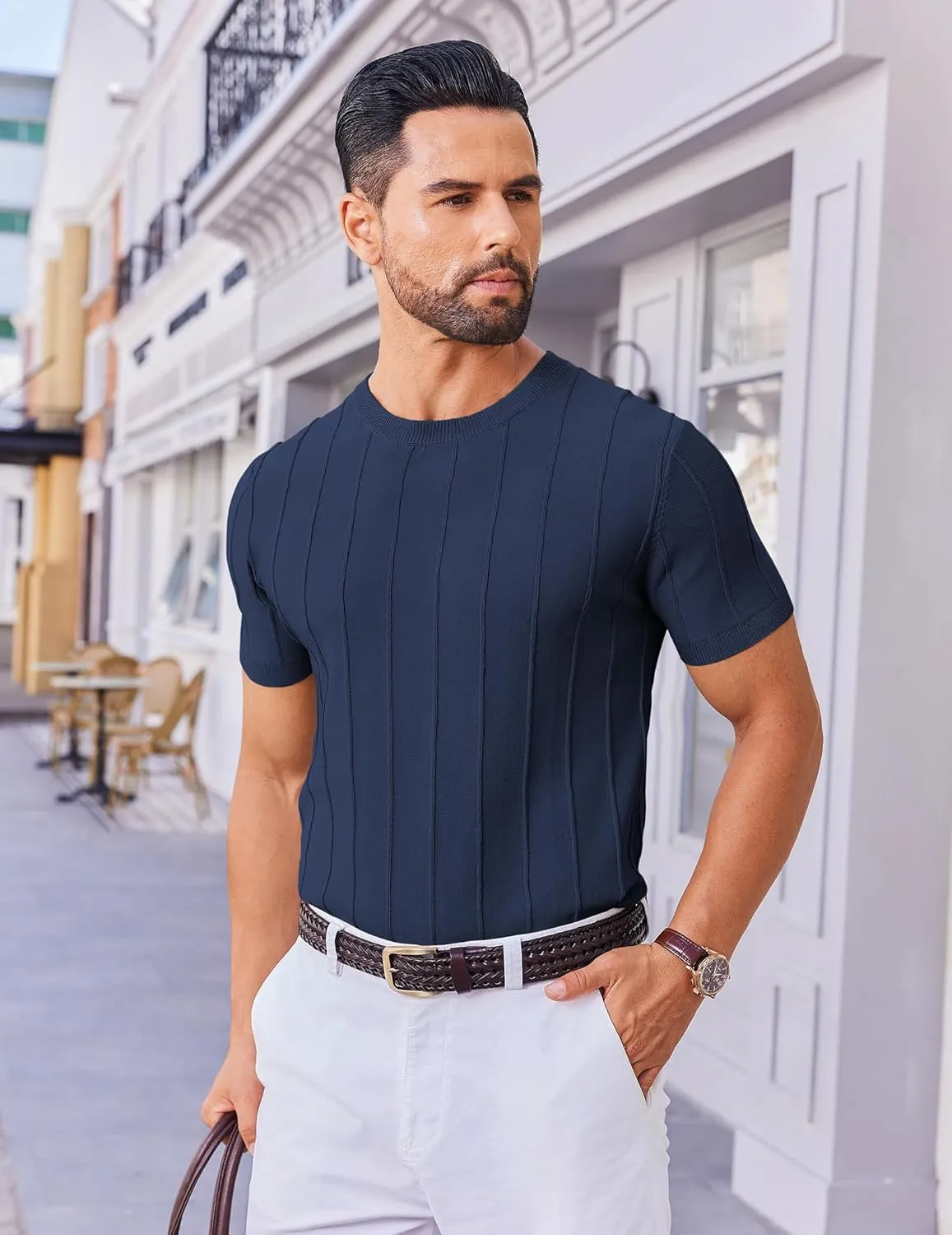 COOFANDY Men's T- Shirts Short Sleeve Knit Sweater Shirt Casual Crewneck Ribbed Pullover Tees