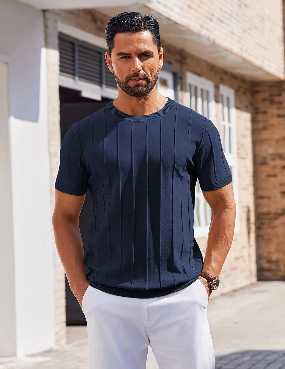 COOFANDY Men's T- Shirts Short Sleeve Knit Sweater Shirt Casual Crewneck Ribbed Pullover Tees