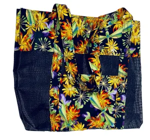 Cotton and Mesh Beach Bag Tote: Multi-Purpose Laundry, Diaper, Picnic, overnight and Clothes Bag (Black Multi)