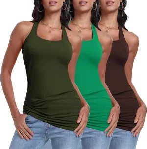 Cotton Racerback Long Tank Tops for Women Tunic Layering Sleeveless Undershirts Moisture Wicking 3 Packs