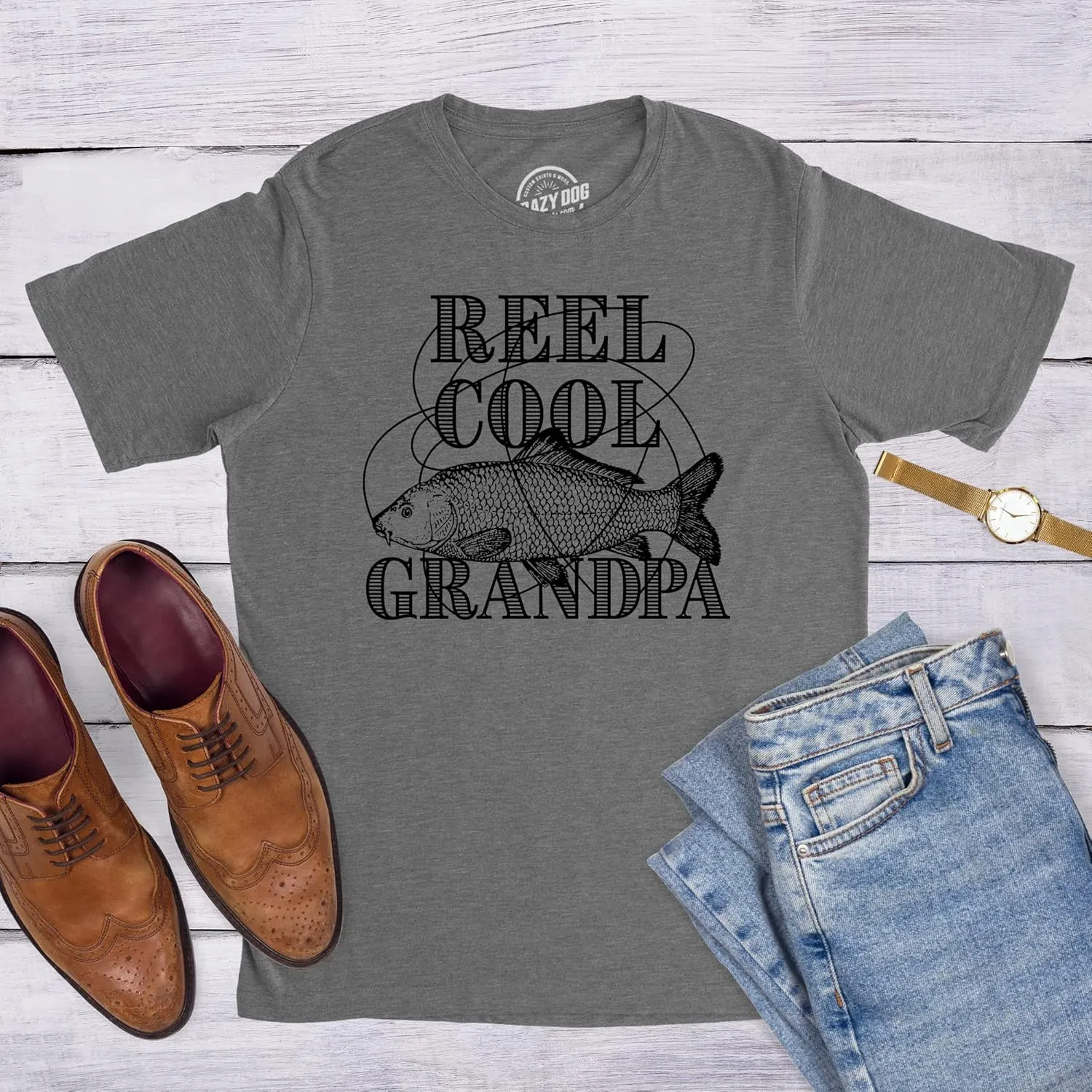 Crazy Dog Dad Fishing Shirts Funny Father's Day Reel Cool Dad Papa Grandpa Tees