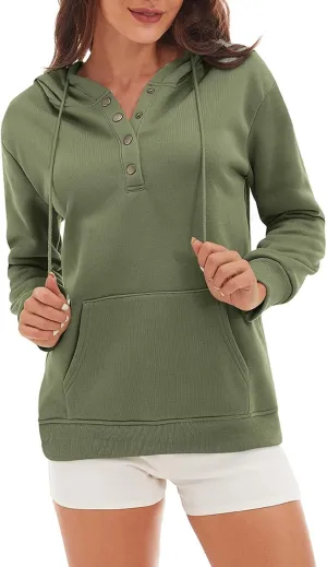 CRNTCEM Womens Button Up Hoodie Sweatshirts V Neck Casual Loose Long Sleeve Drawstring Oversized Pullover Tops with Pockets