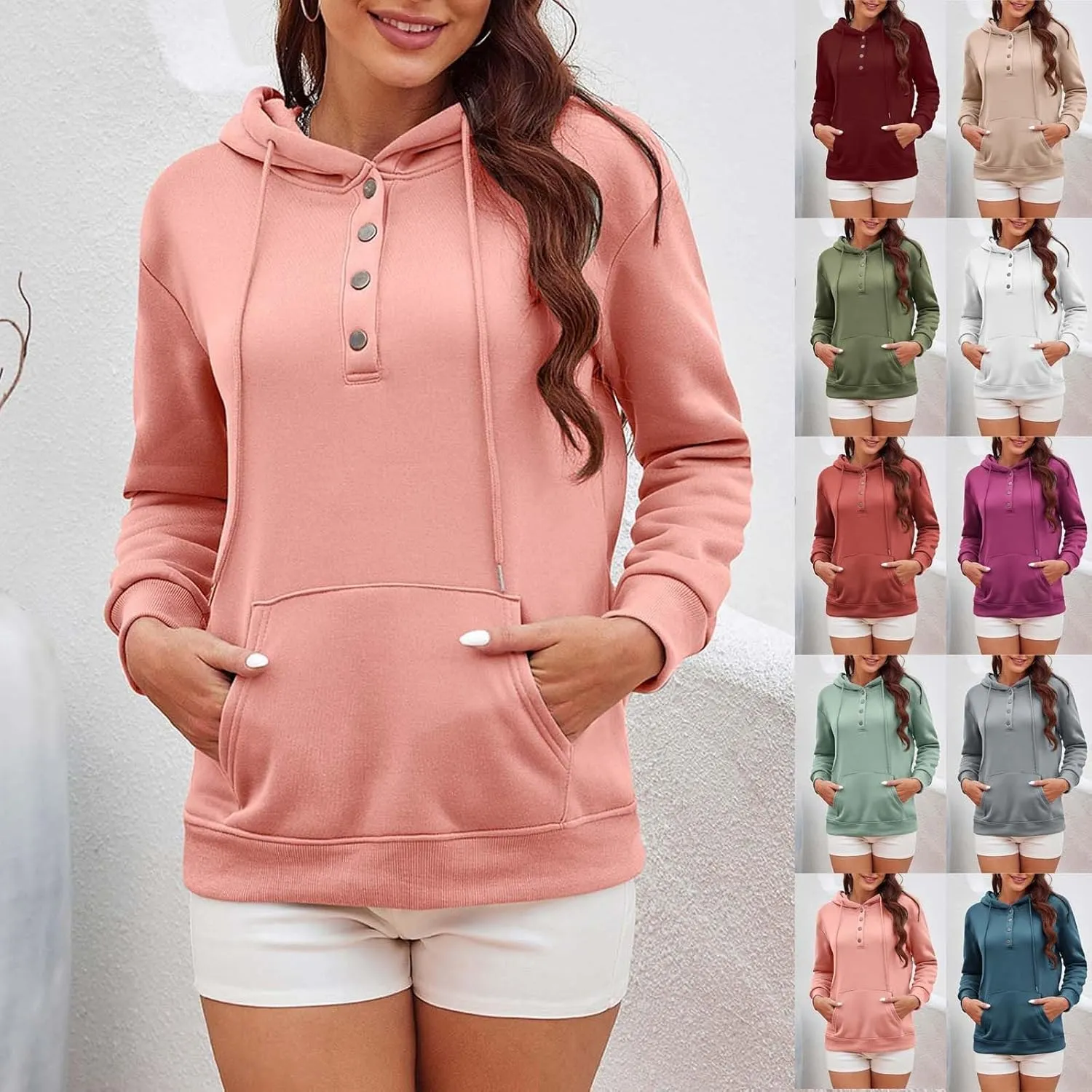 CRNTCEM Womens Button Up Hoodie Sweatshirts V Neck Casual Loose Long Sleeve Drawstring Oversized Pullover Tops with Pockets