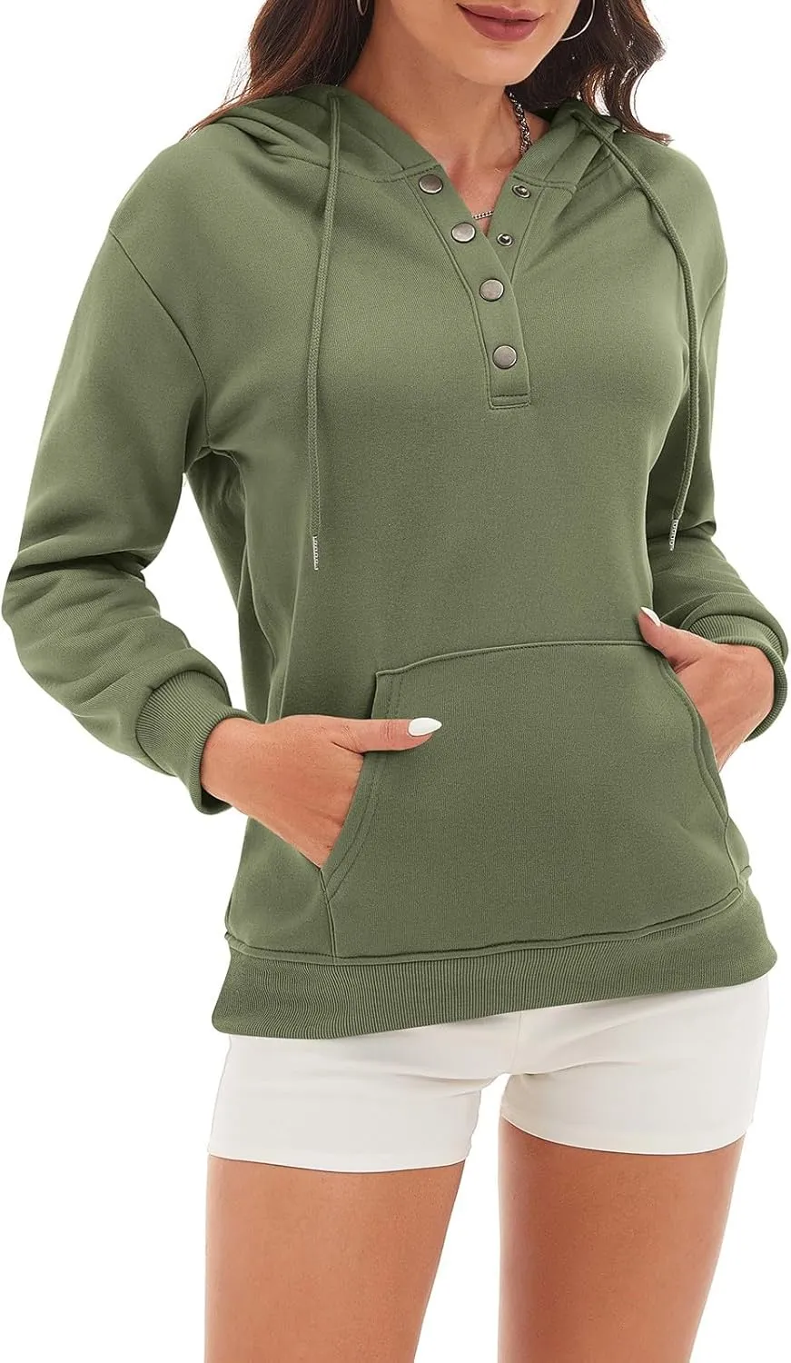 CRNTCEM Womens Button Up Hoodie Sweatshirts V Neck Casual Loose Long Sleeve Drawstring Oversized Pullover Tops with Pockets