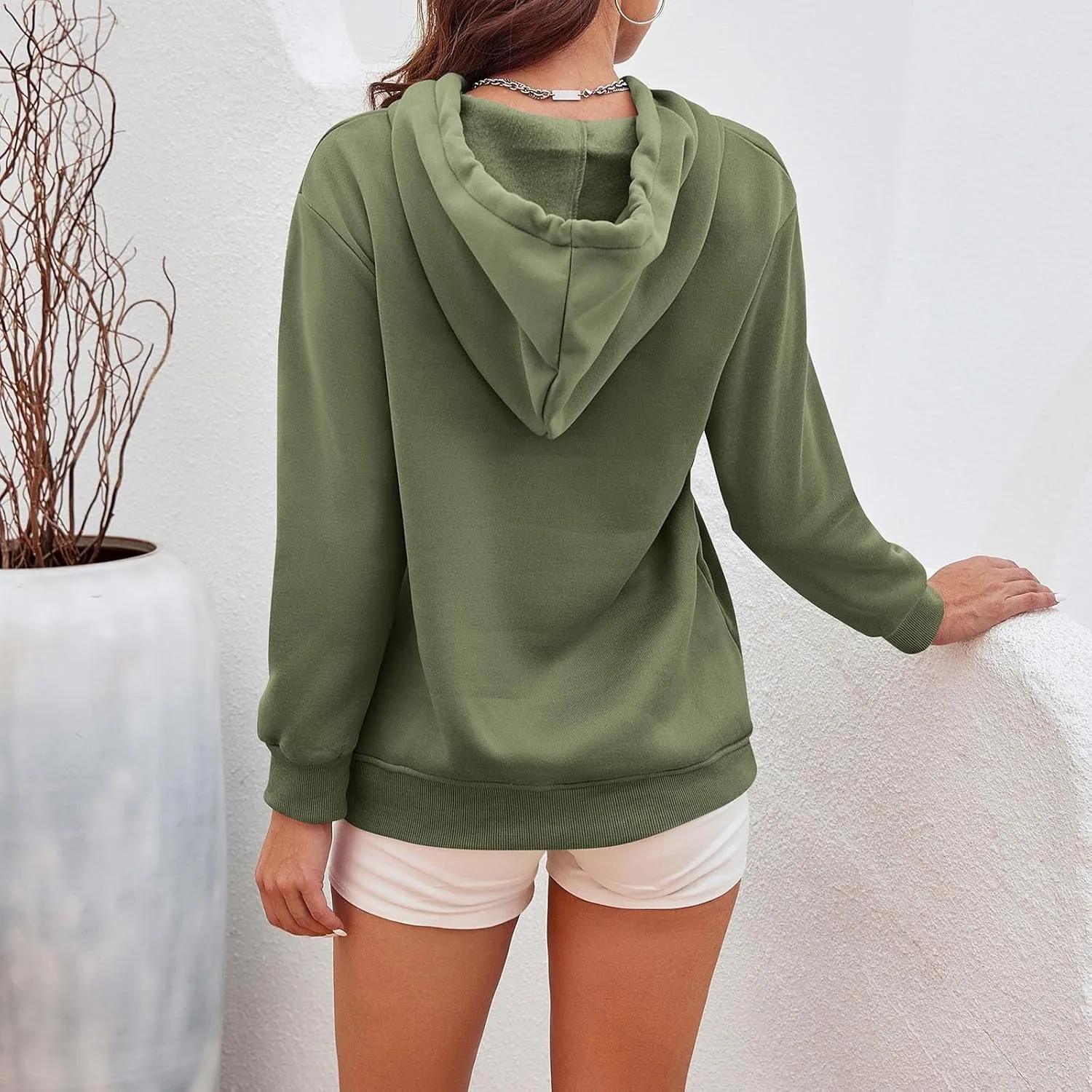 CRNTCEM Womens Button Up Hoodie Sweatshirts V Neck Casual Loose Long Sleeve Drawstring Oversized Pullover Tops with Pockets