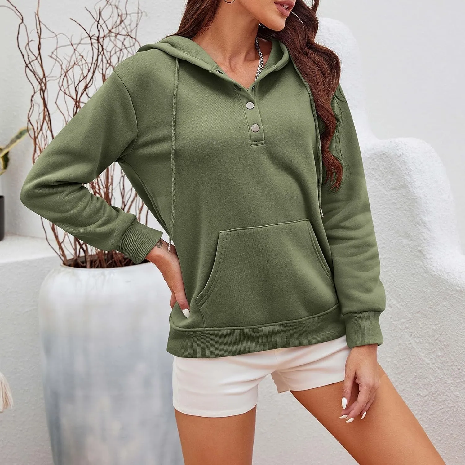 CRNTCEM Womens Button Up Hoodie Sweatshirts V Neck Casual Loose Long Sleeve Drawstring Oversized Pullover Tops with Pockets