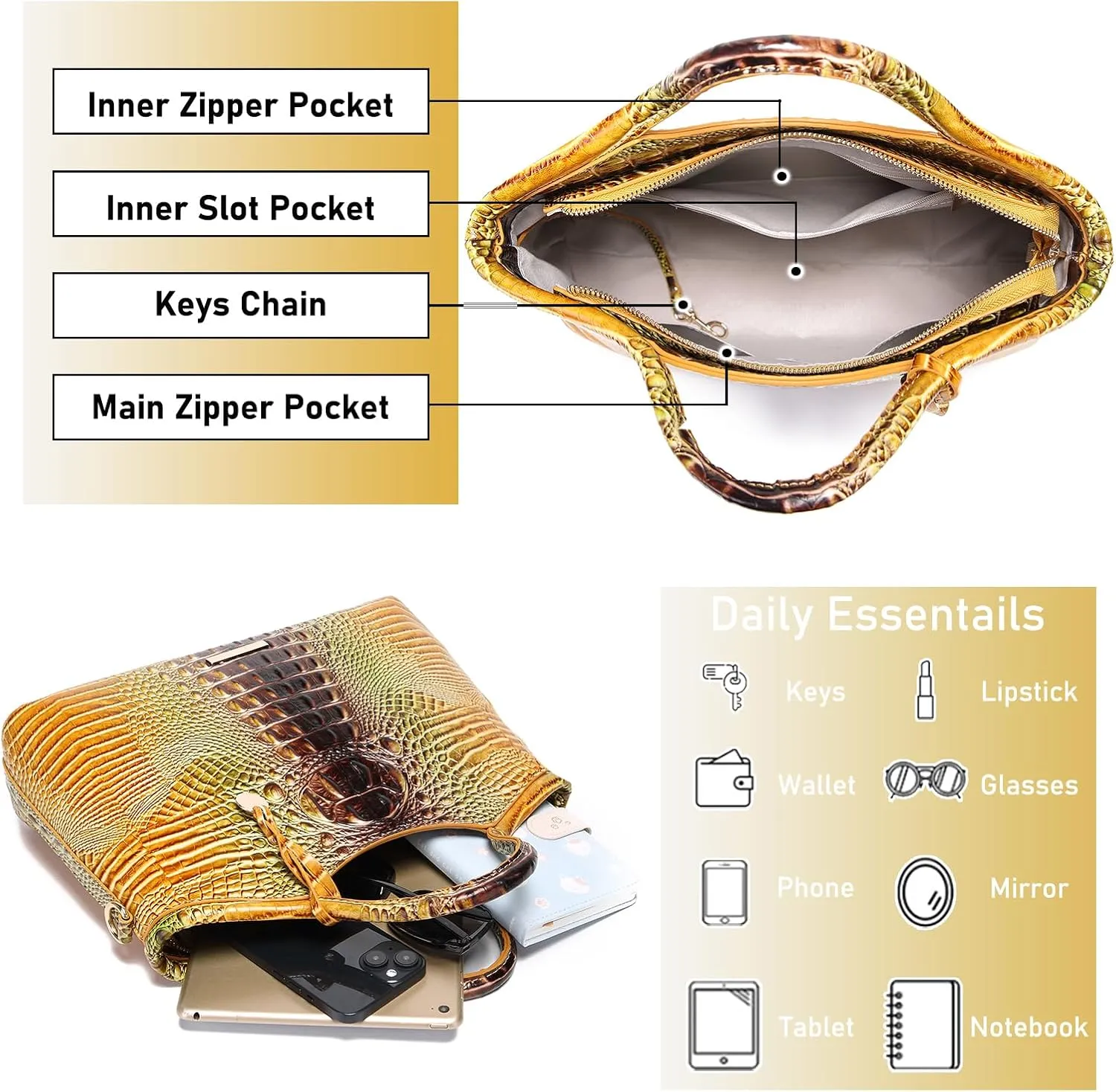 Crocodile Pattern Gradient Top Handle Satchel Large Capacity Tote Bag Casual Versatile Commuter Bag Leather