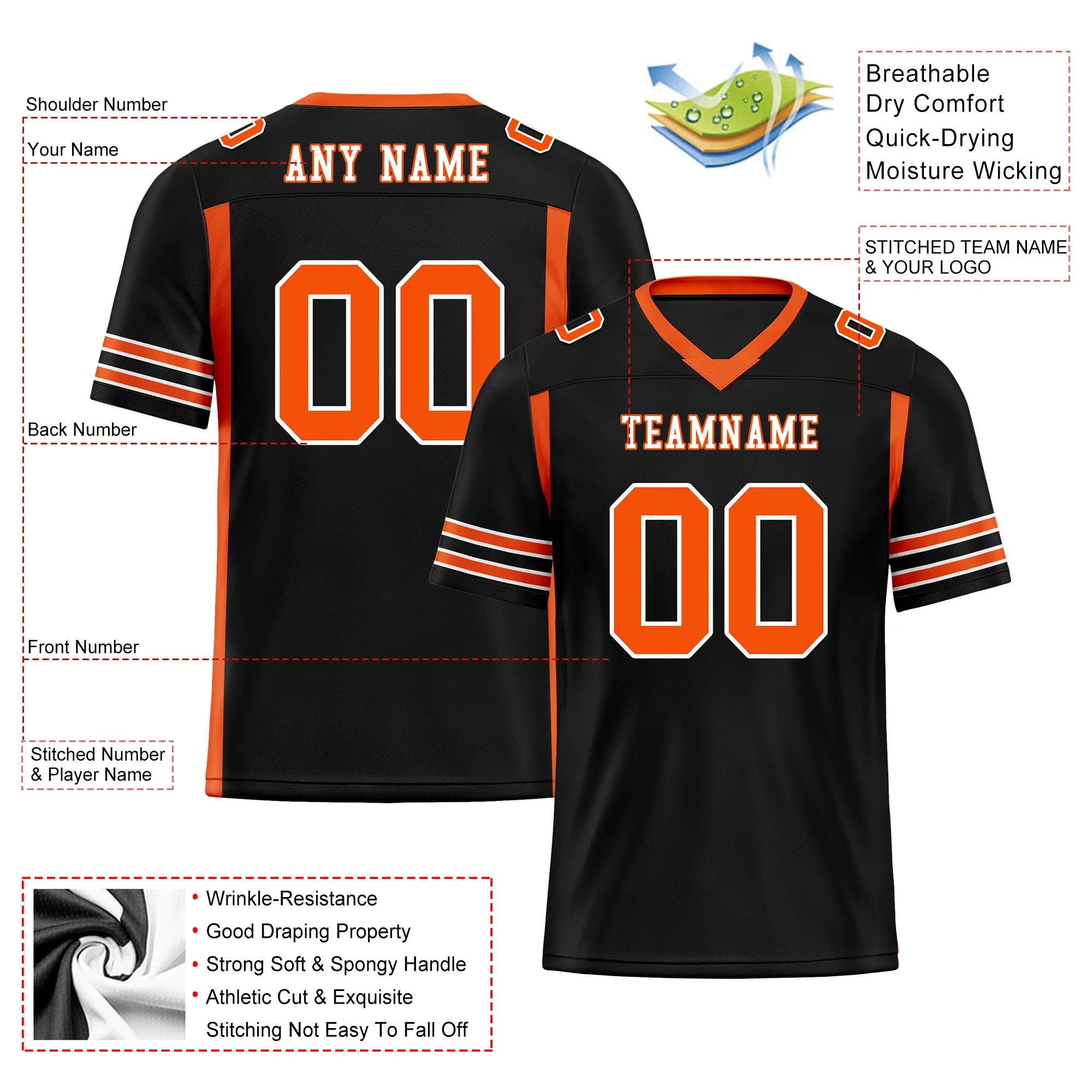 Custom Black Orange Striped Sleeves Personalized Authentic Football Jersey FBJ02-D06045