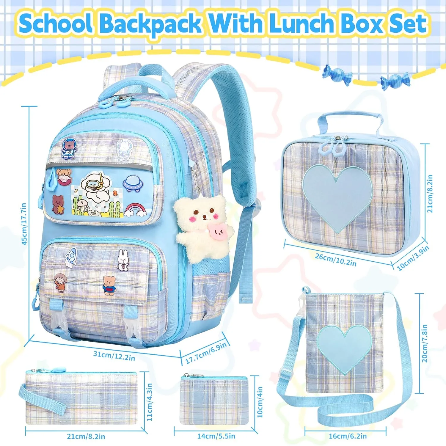 Cute Backpack for Girls, 5 Pack Kawaii Backpack Aesthetic Backpack with Lunch Box Set, Cute Blue School Bookbag for Kids Teen Elementary