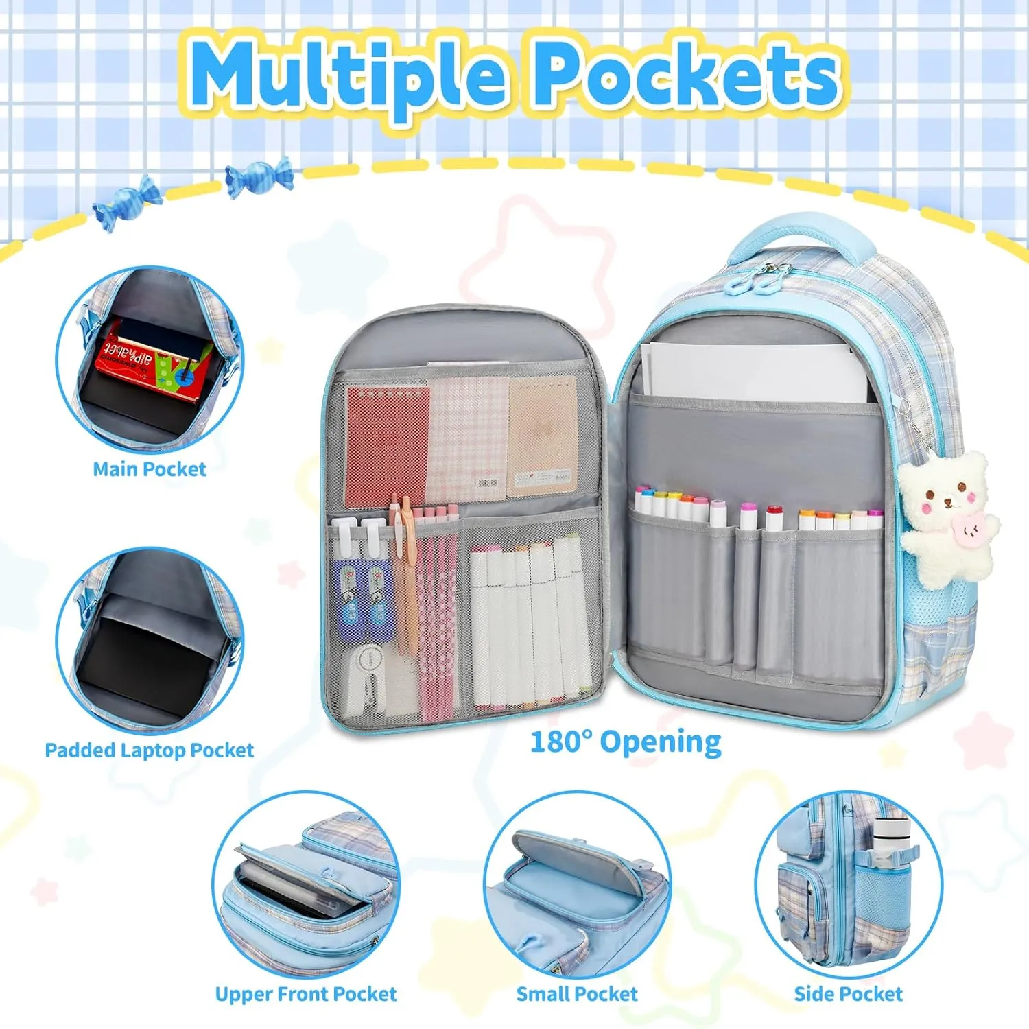 Cute Backpack for Girls, 5 Pack Kawaii Backpack Aesthetic Backpack with Lunch Box Set, Cute Blue School Bookbag for Kids Teen Elementary