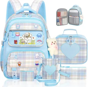 Cute Backpack for Girls, 5 Pack Kawaii Backpack Aesthetic Backpack with Lunch Box Set, Cute Blue School Bookbag for Kids Teen Elementary