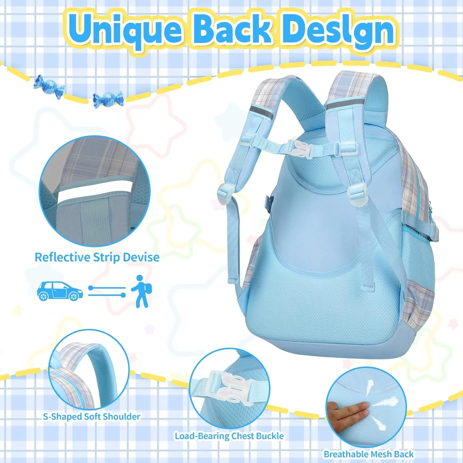 Cute Backpack for Girls, 5 Pack Kawaii Backpack Aesthetic Backpack with Lunch Box Set, Cute Blue School Bookbag for Kids Teen Elementary